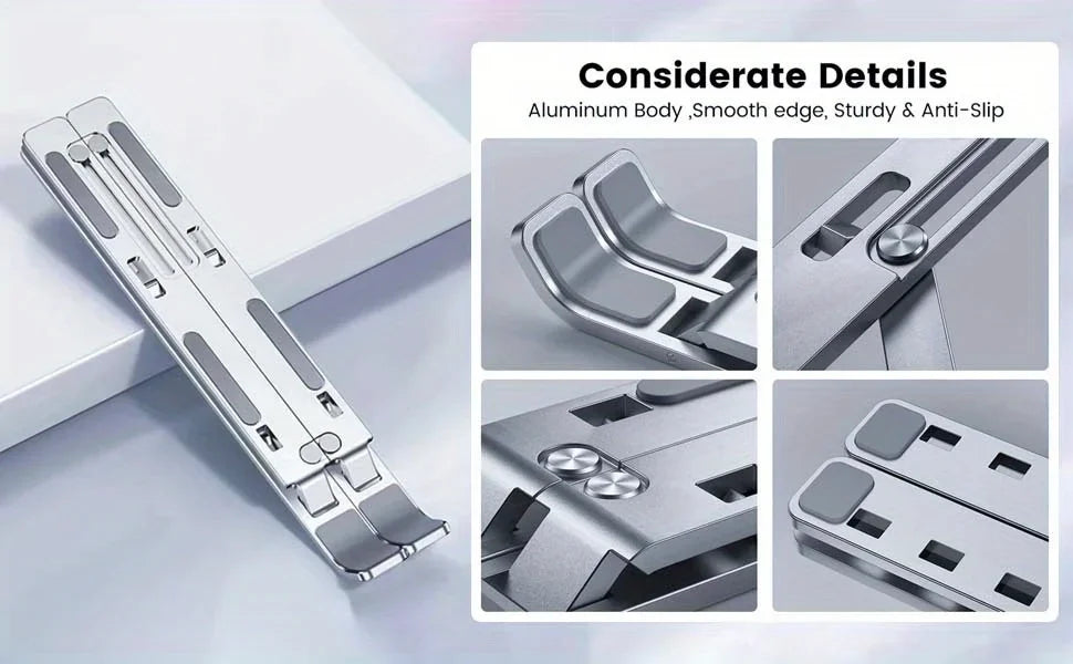 Close-up view of an adjustable aluminum laptop stand showing various angles and features.