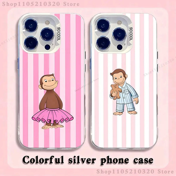Funda de teléfono plateada y colorida con un diseño de mono tierno en la parte trasera.