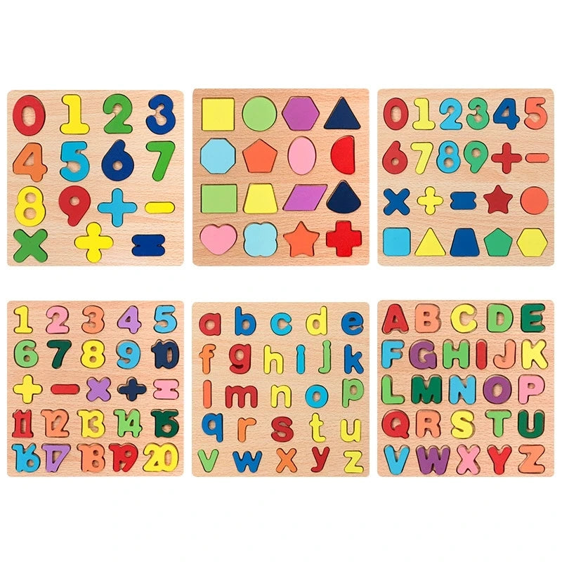 A set of wooden puzzles featuring numbers, letters, and geometric shapes for toddlers.