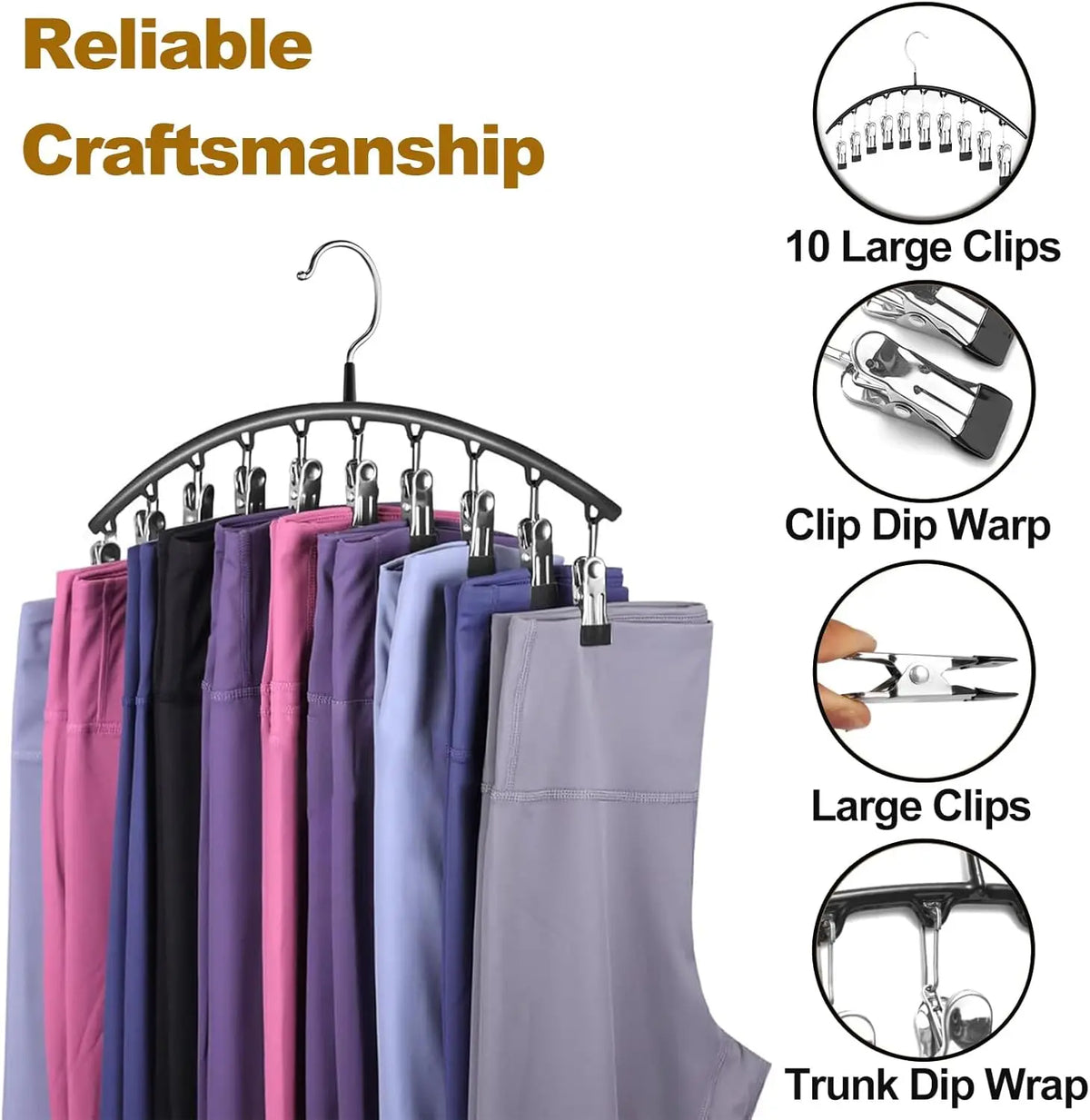 A hanger with ten large clips and trunk dip wrap for organizing pants in a closet.