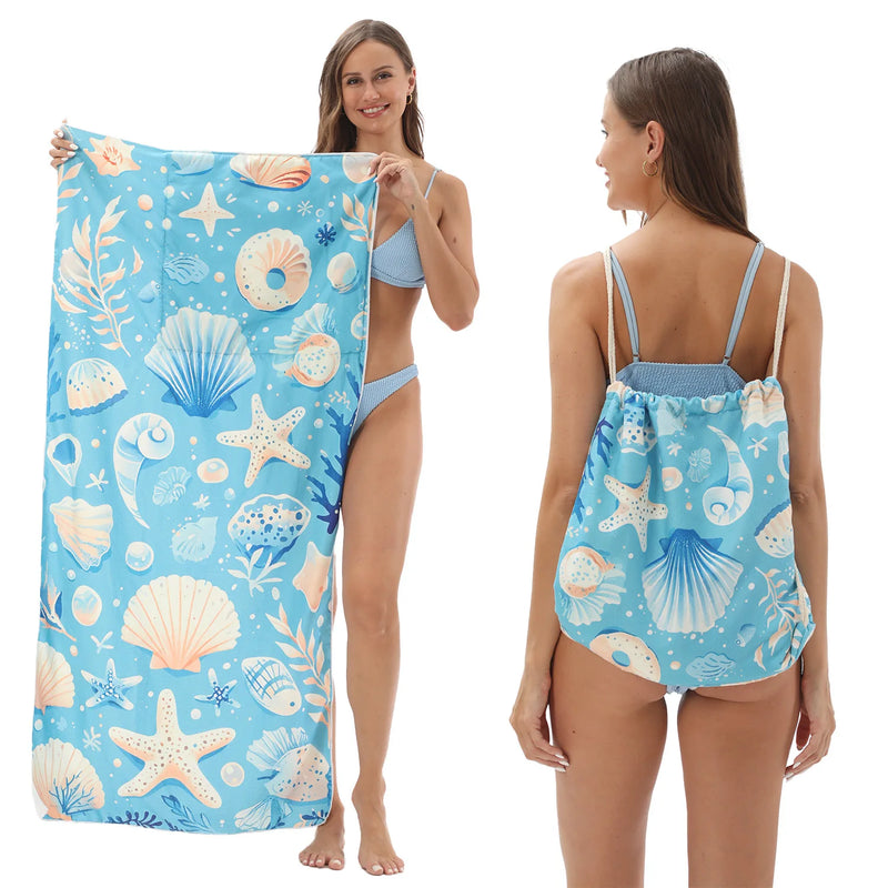 2-in-1 Microfiber Quick-Dry Beach Towel with Foldable Backpack & Storage Bag