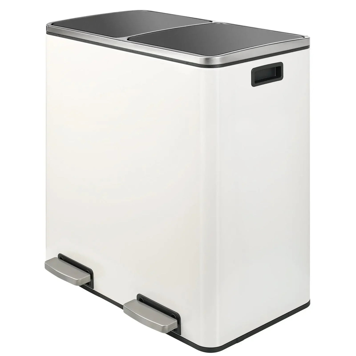 A white dual compartment recycling trash can with a gray soft-close lid and silver foot pedal.