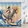 Cat Riding Dinosaur Shower Curtain with Ocean Wave Design