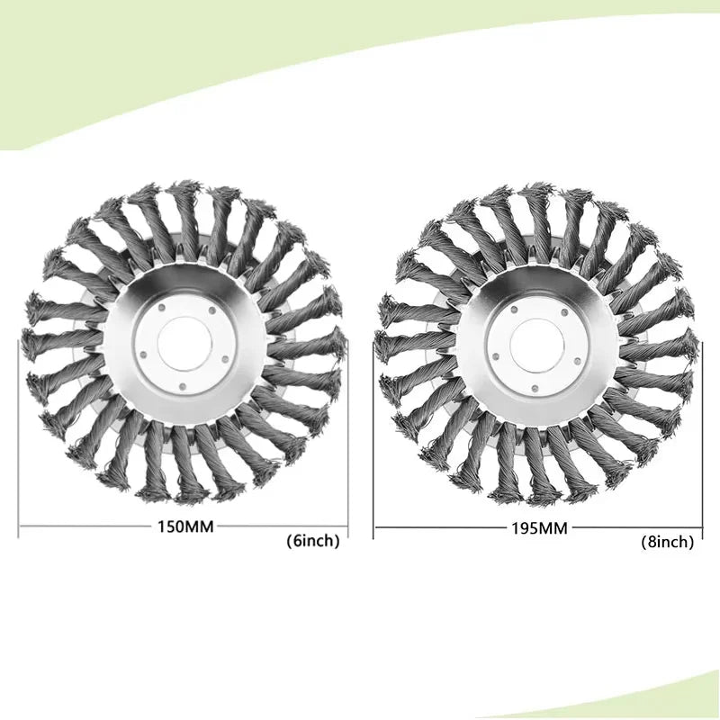 A pair of heavy-duty steel wire wheel brushes for lawn mowers and trimmers, shown in a top-down view.