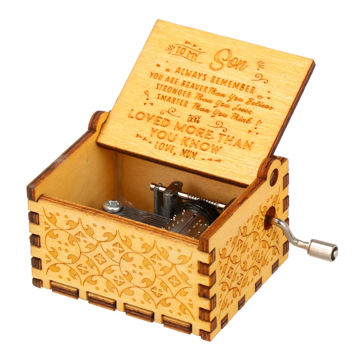 A vintage hand-cranked wooden music box with a lid open, featuring engraved text and a metal crank.