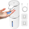 A white touchless automatic soap dispenser is shown dispensing liquid onto a hand, with charging cables and pump components d