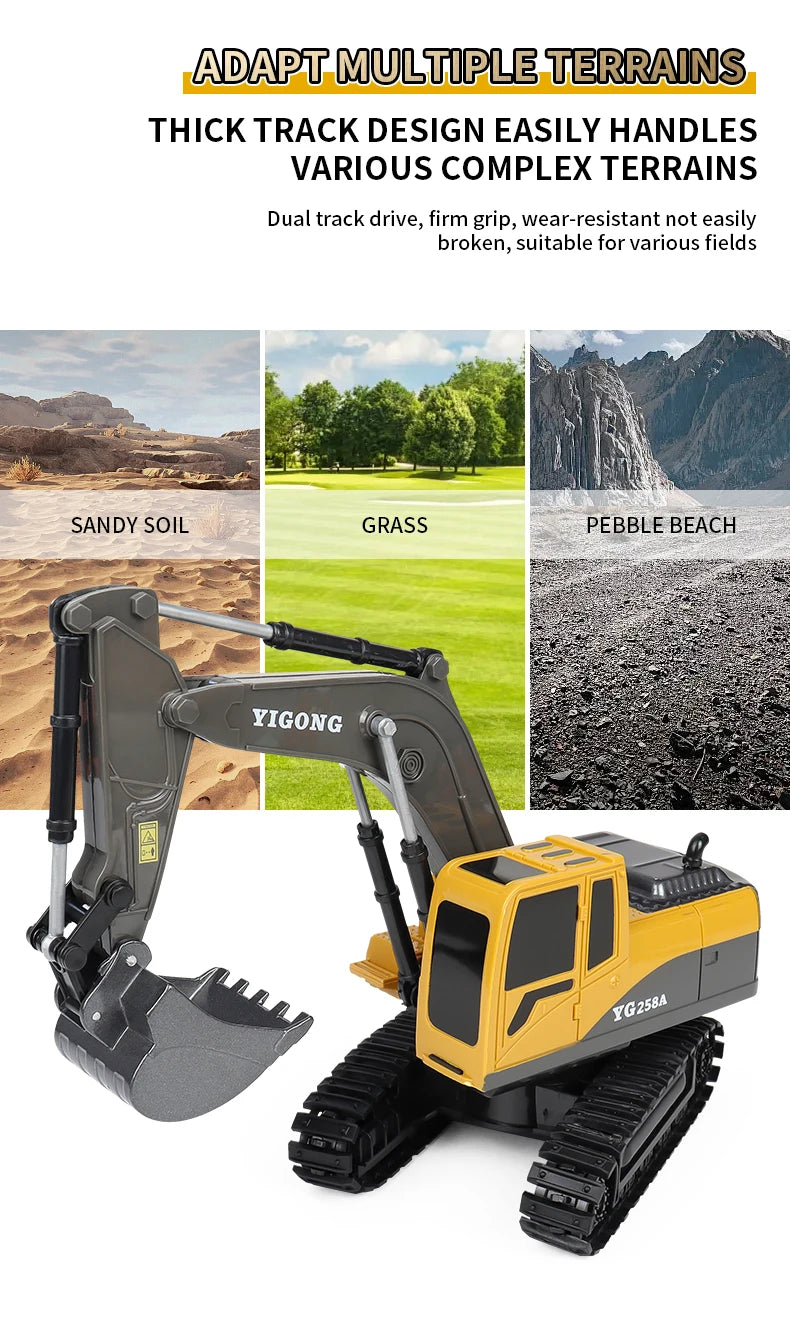 Yellow YIGONG construction excavator with thick track design operating on various terrains.