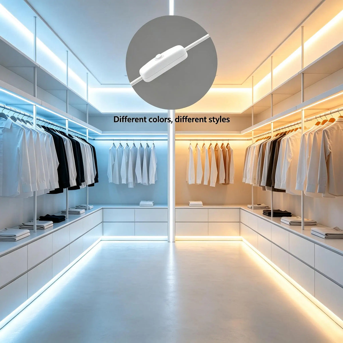 A modern closet interior showing clothing racks and drawers illuminated by built-in LED light strips.