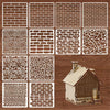 A set of 12 reusable stencils showing various brick, stone, and textured patterns for DIY projects.