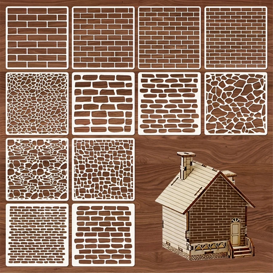 A set of 12 reusable stencils showing various brick, stone, and textured patterns for DIY projects.
