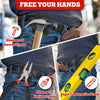 A person wearing jeans is shown using a magnetic belt tool holder to secure various types of hammers and construction tools.