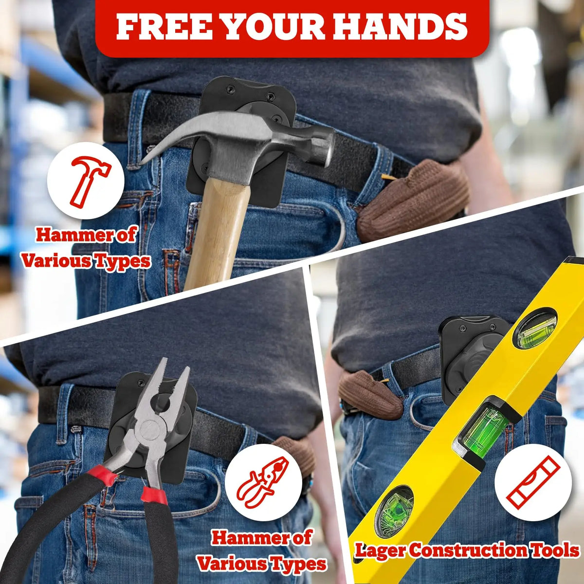A person wearing jeans is shown using a magnetic belt tool holder to secure various types of hammers and construction tools.