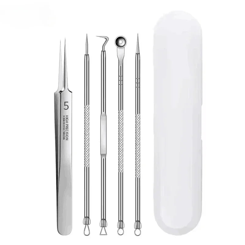 A set of stainless steel acne and blackhead removal tools, including a long applicator and a cylindrical cleaning tool.