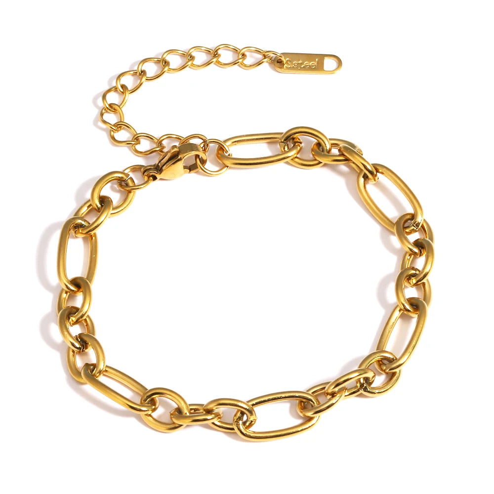 A gold-plated stainless steel link bracelet with a lobster clasp displayed against a white background.