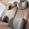 A gray memory foam car headrest and lumbar support pillow are shown installed in a beige car seat.