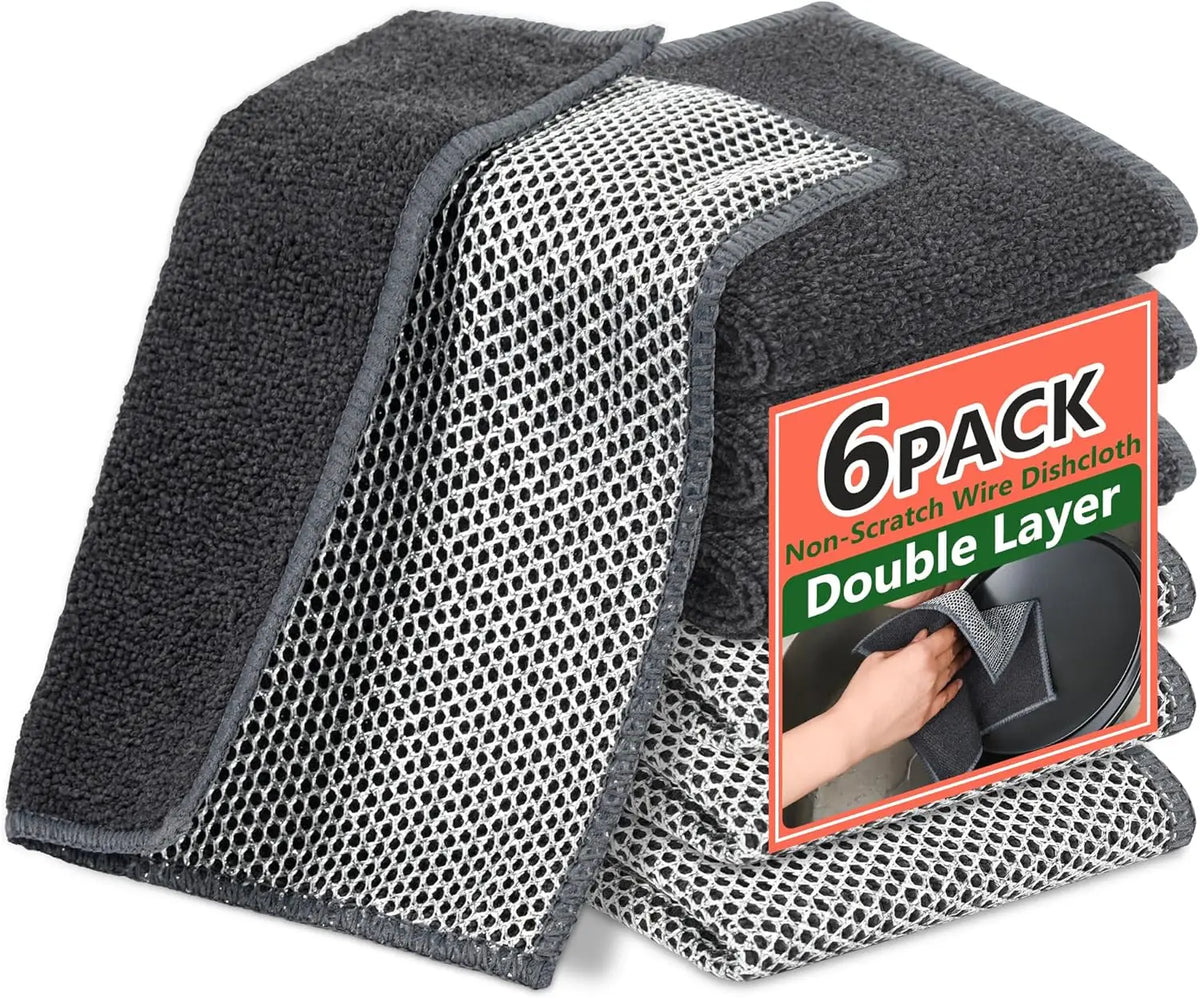 A pack of six non-scratch wire dishcloths featuring a double layer of microfiber and mesh material.