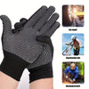 Black knitted work gloves with a dotted grip shown alongside applications for car repair, construction, and mechanical work.