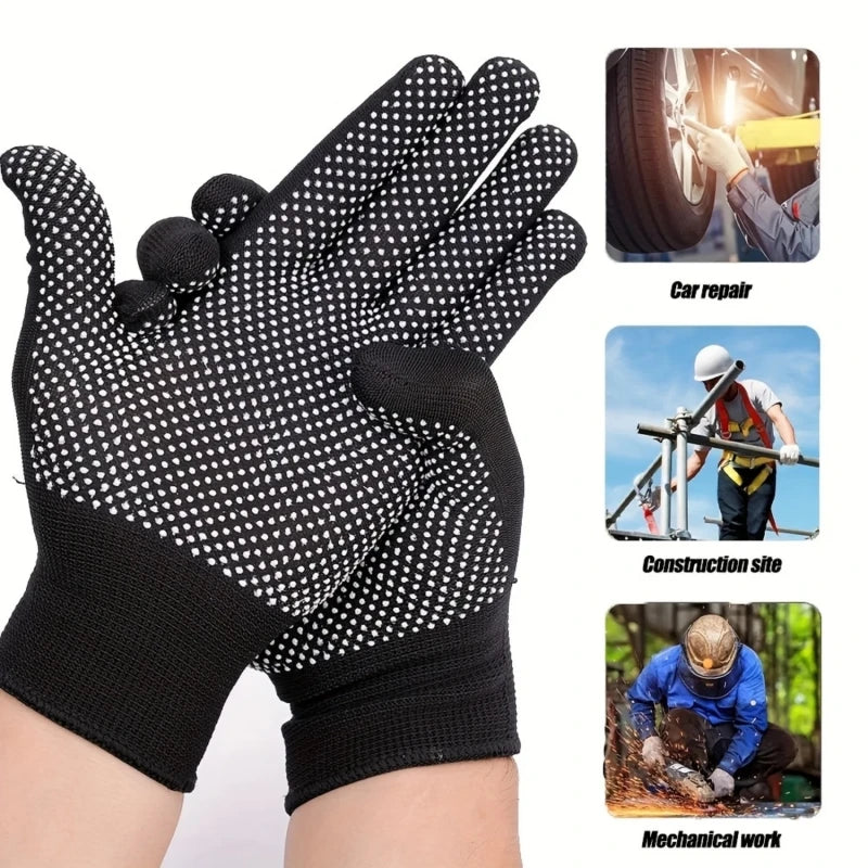 Black knitted work gloves with a dotted grip shown alongside applications for car repair, construction, and mechanical work.