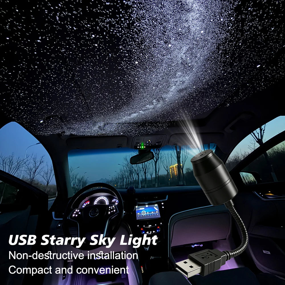 A car interior showing a USB starry sky light projector mounted on the ceiling, illuminating the cabin with stars.