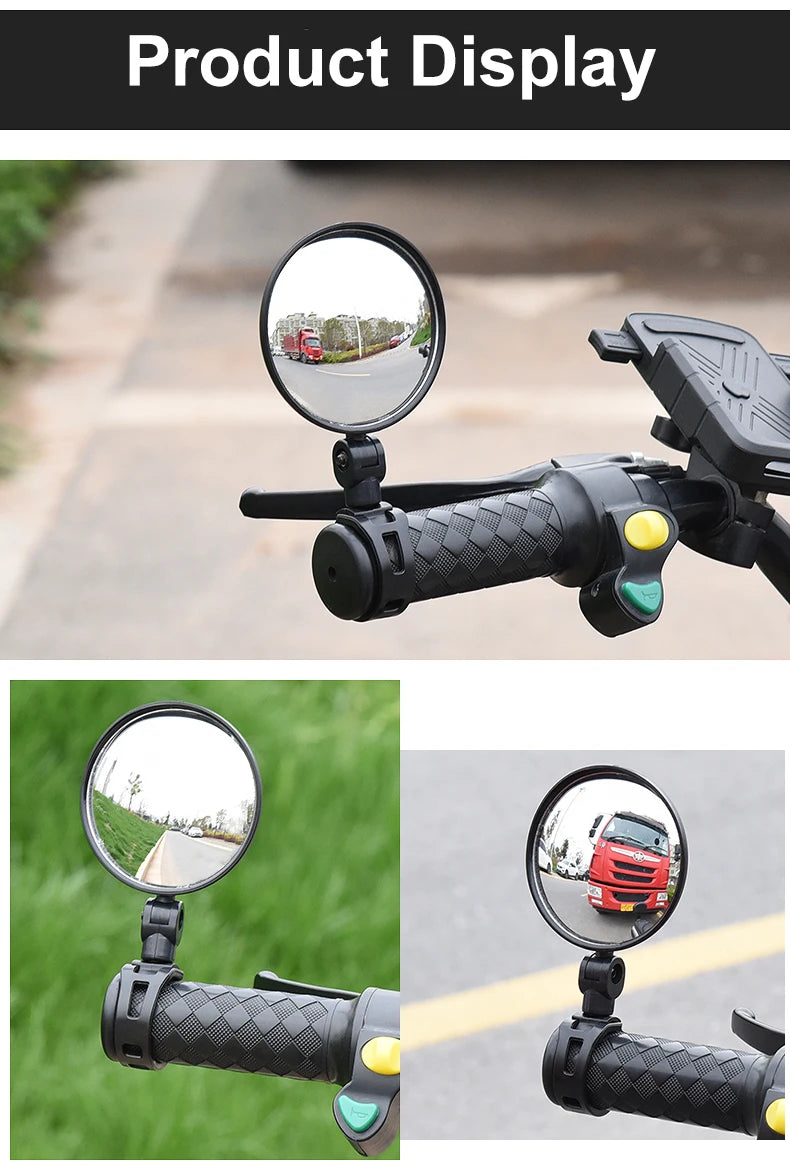 A product display showing a 360° adjustable bicycle rearview mirror mounted on a handlebar.