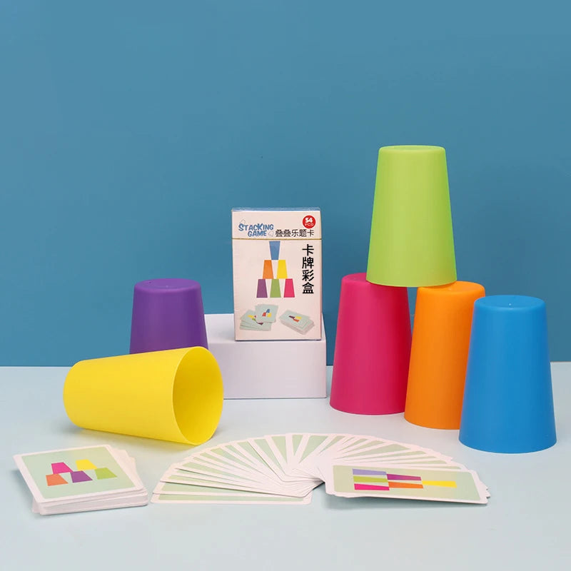 A set of colorful plastic cups and matching cards for a stacking game displayed against a blue background.