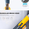 Close-up of a yellow floor scrubbing brush with a triangular brush head and rubber scraper for cleaning stains.