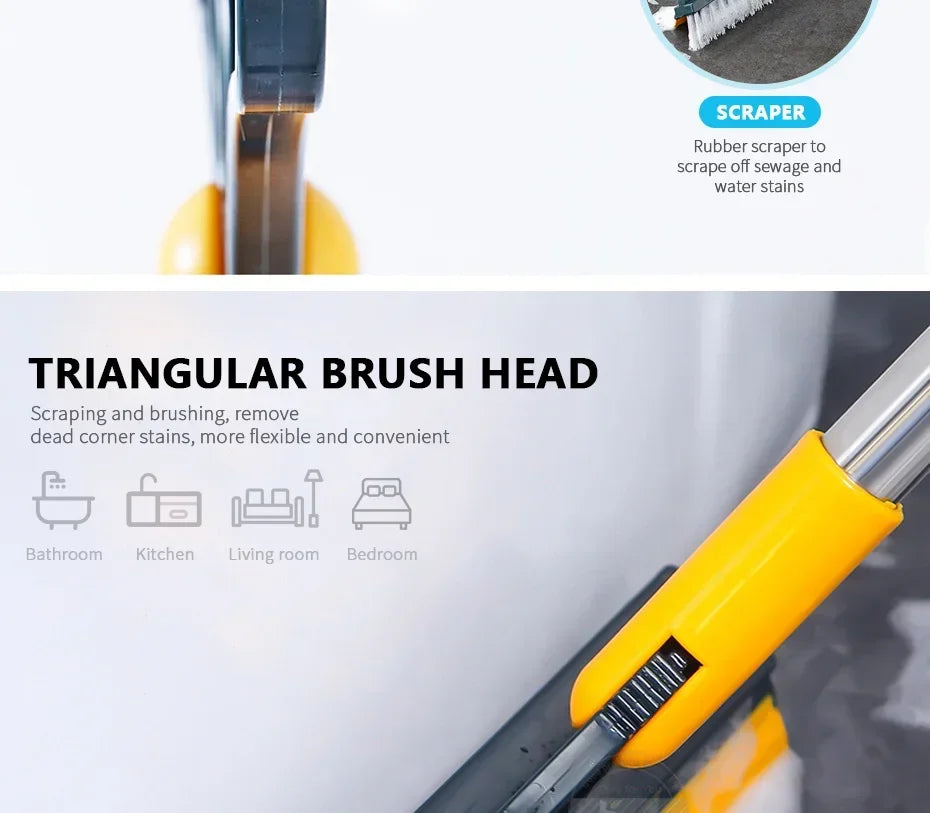 Close-up of a yellow floor scrubbing brush with a triangular brush head and rubber scraper for cleaning stains.
