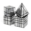 A set of three reflective mirror cubes in black and silver, including 2x2, 3x3, and 4x4 sizes.