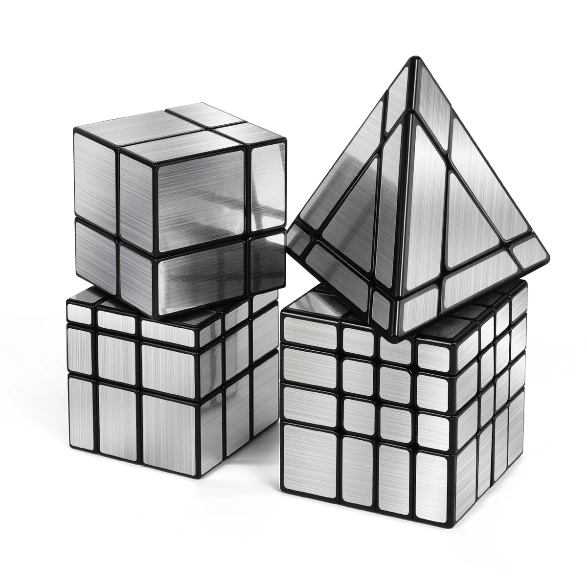 A set of three reflective mirror cubes in black and silver, including 2x2, 3x3, and 4x4 sizes.