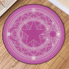 Round magic circle pattern area rug with a purple background and white line art