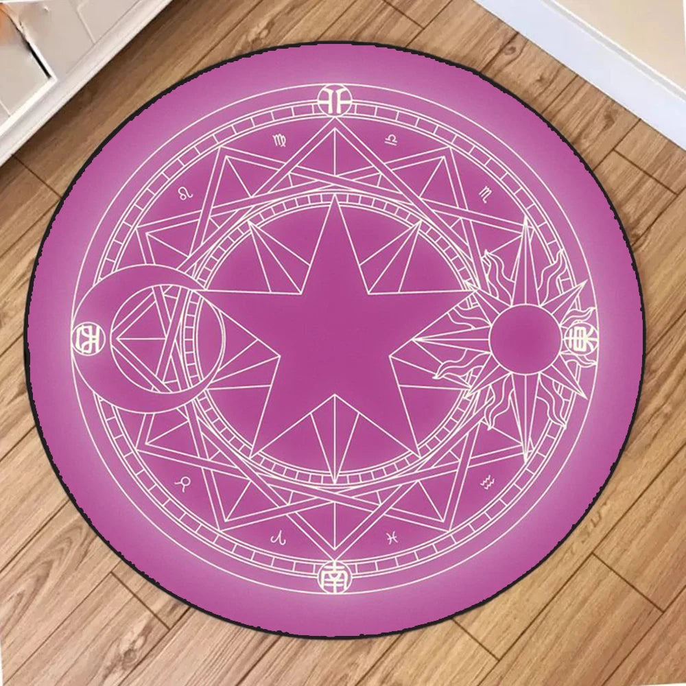 Round magic circle pattern area rug with a purple background and white line art