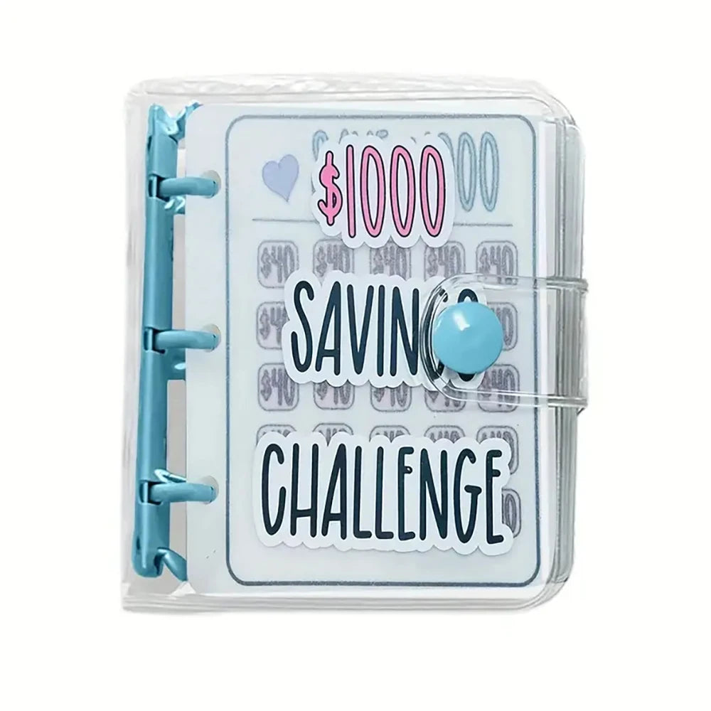 A clear plastic binder for a cash savings challenge with envelope storage and a blue circular item.