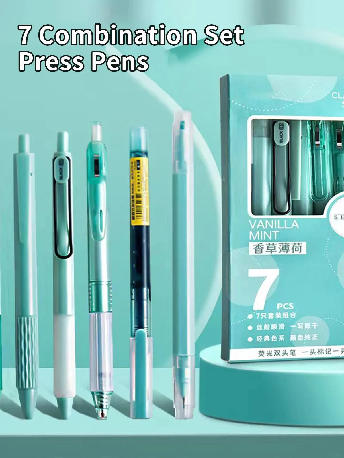 A set of seven clear and mint green gel pens displayed in a packaging box.