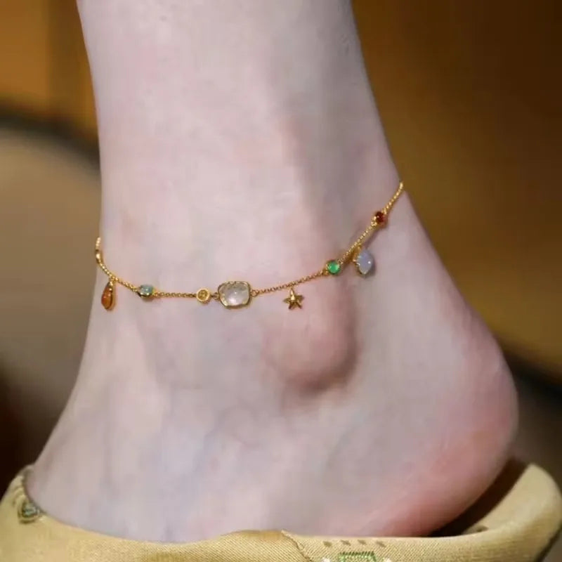 Handwoven Crystal Anklet with Natural Stone Charms