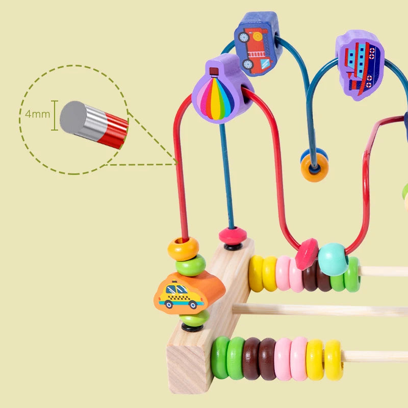 Wooden bead maze roller coaster featuring colorful beads and an abacus counter on a wooden base.