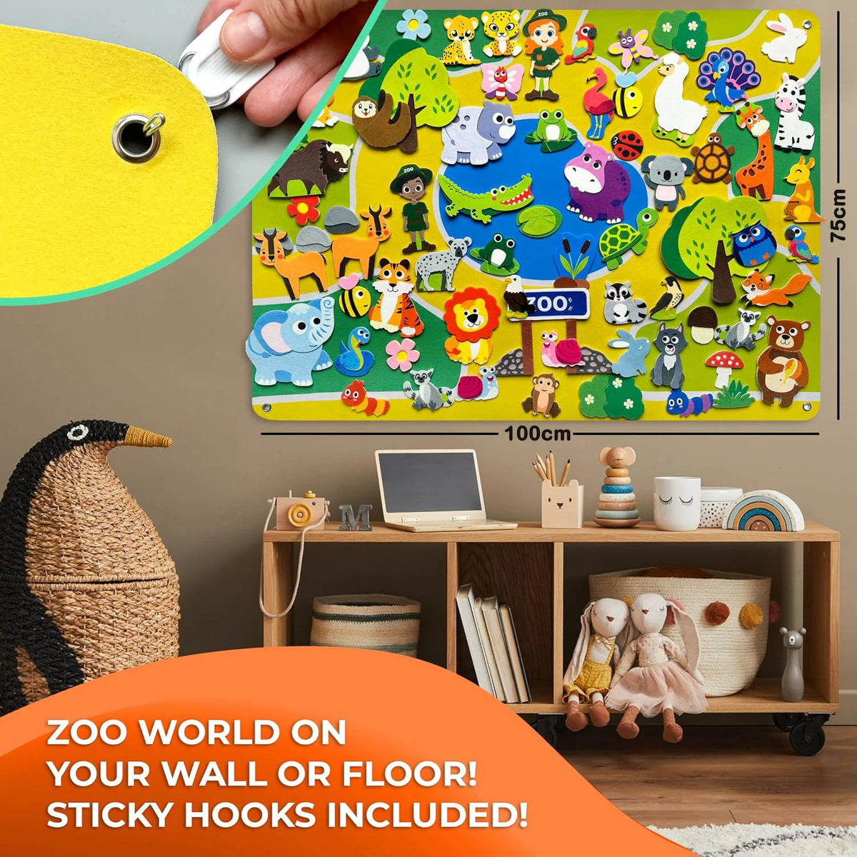 A colorful zoo animals felt storytelling board set with sticky hooks displayed on a wooden shelf.