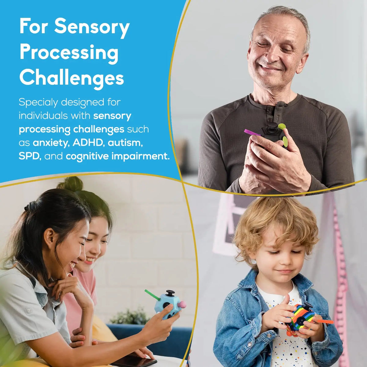 A woman and a child are interacting with a colorful 12-sided fidget cube for sensory processing challenges.