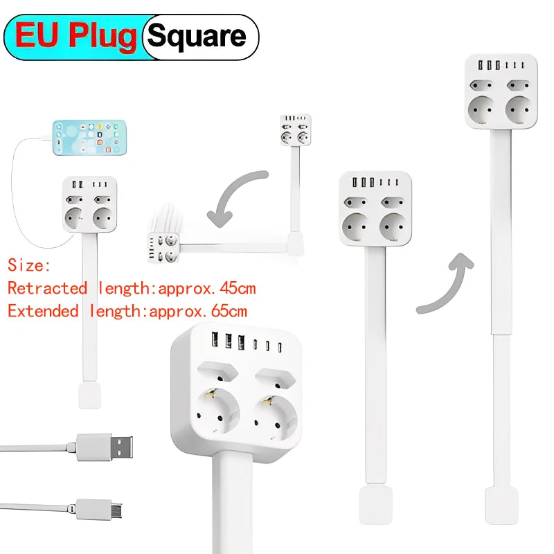 Rotating Wall Plug Extender with Adjustable Length and USB Ports