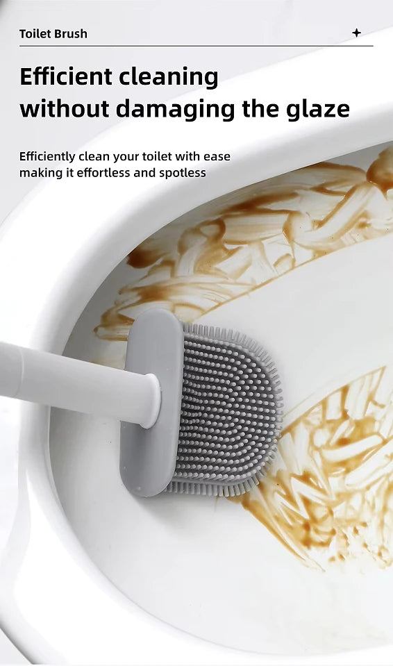 A white silicone toilet brush is shown cleaning a porcelain toilet bowl.