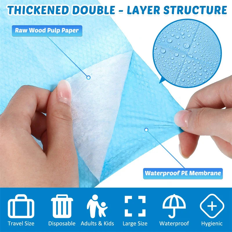 A hand demonstrates the layered structure of a waterproof disposable toilet seat cover, showing raw wood pulp paper and a wat