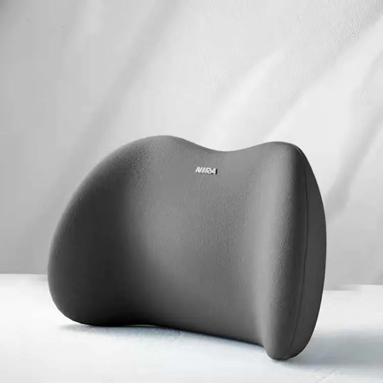 A gray memory foam car headrest and lumbar support pillow set resting on a white surface.