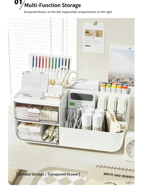 A white multi-function storage organizer featuring a dustproof drawer and trapezoidal compartments for desk supplies.