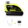 Yellow motorcycle disc brake lock with an alarm feature and a key.
