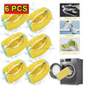 Six yellow reusable shoe laundry bags with bristled brushes shown alongside a canvas shoe and sneakers.