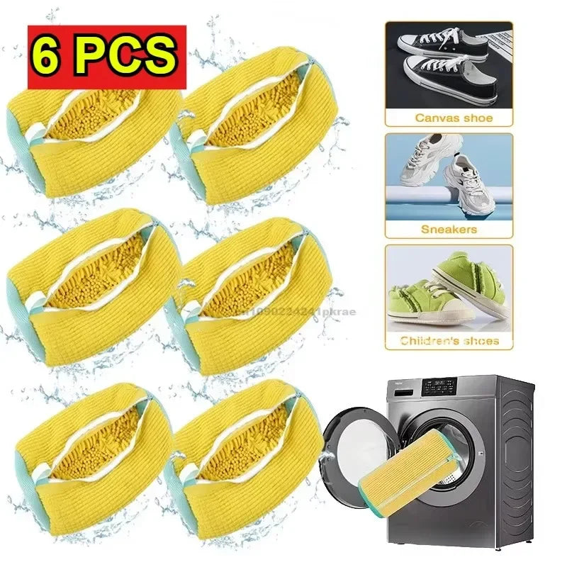 Six yellow reusable shoe laundry bags with bristled brushes shown alongside a canvas shoe and sneakers.