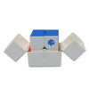 A stickerless GAN 251 M Pro magnetic 2x2 speed cube with blue and white components displayed in its packaging box.