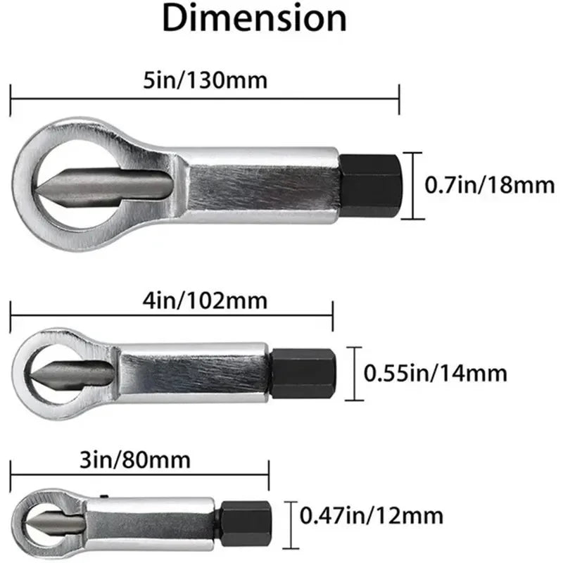 Diagram showing the dimensions of a rusty nut splitter tool with various sizes.
