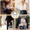 A woman models a black metal chain purse with a secure buckle and strap against various outfits.