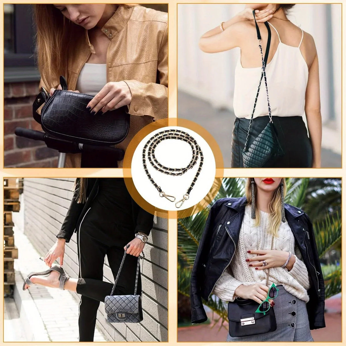 A woman models a black metal chain purse with a secure buckle and strap against various outfits.