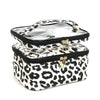 A leopard print transparent double-layer makeup bag with a black lining and gold hardware.